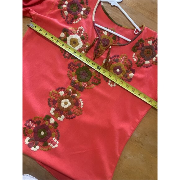 Coral Mexican Handmade Embroidered Blouse Sz M Long Sleeve Open Neck With Ties - Picture 6 of 9